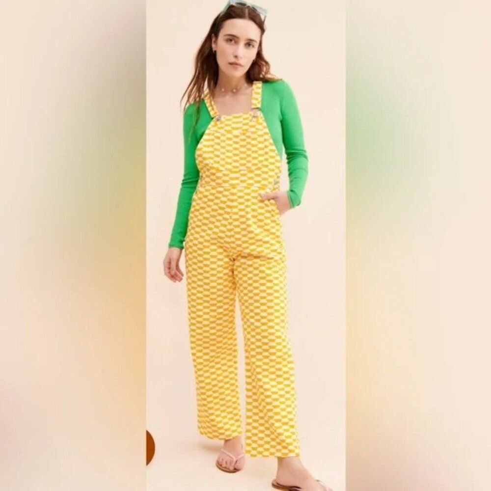Lisa Says Gah Lucy Overalls Yellow White Geometric Print wide leg Cotton Denim L